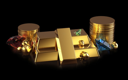 Golden bars and coins with ruby, sapphire and diamond gems and gold nuggets isolated on black background with reflectionの写真素材