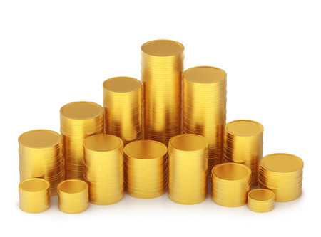 Shiny golden coins stacks isolated on white backgroundの写真素材