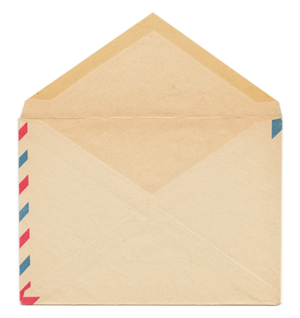 Vintage paper envelope back side, open and isolated on white backgroundの写真素材