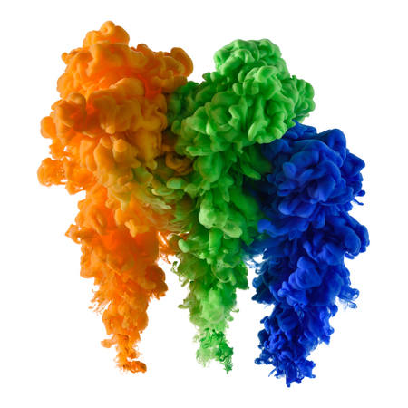 Paint colorful splashes in water, isolated on whiteの写真素材