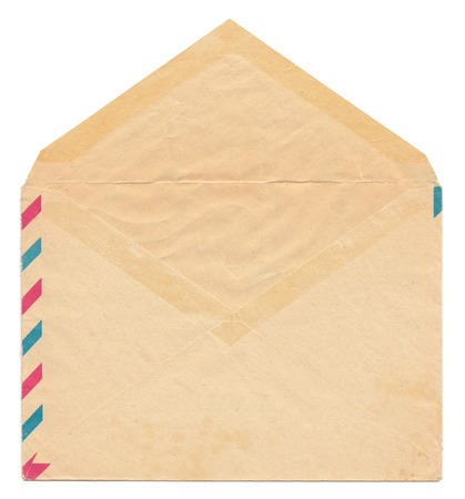 Vintage paper envelope back side, open, isolated on whiteの写真素材