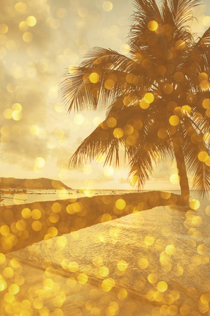 Palm tree over water on tropical beach with golden party glamour bokeh overlay, double exposure effect stylizedの写真素材