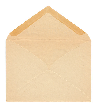 Yellowed paper vinatge envelope back side, open, isolated on whiteの写真素材