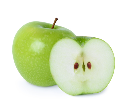 Green apple with cross half isolated on white backgroundの写真素材