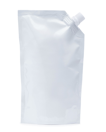 White plastic pouch stand up bag or doy-pack with a corner batcher lid. Isolated on a white background.の写真素材