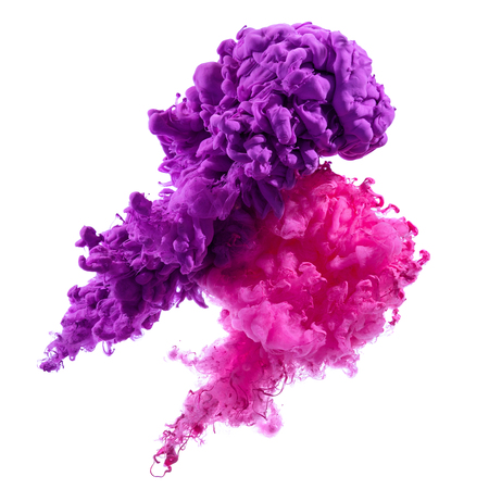 Purple and pink ink splash clouds in water, isolated on white backgroundの写真素材