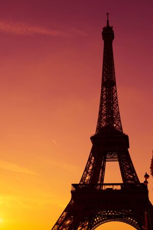 Eiffel Tower silhouette at sunset in Paris Franceの写真素材