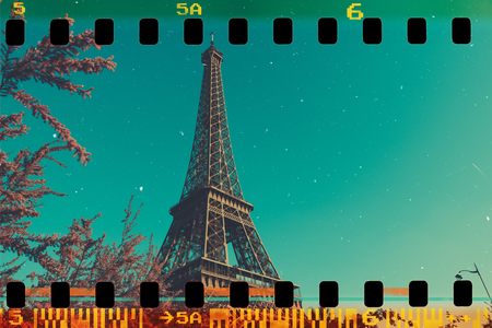 Eiffel Tower in Paris, old film stripe stylized with white paper scratchesの写真素材