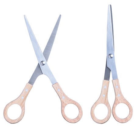 Scissors with wooden handle, open and closed, isolated on white backgroundの写真素材