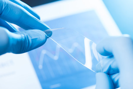 Scientist hold and bend in fingers small piece of transparent material, new type of material with...