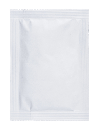Sealed blank white paper pouchbag bag with foil layer inside isolated on white background.の写真素材