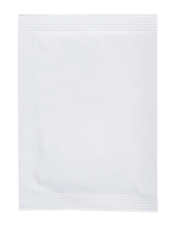 Sealed blank white paper pouchbag bag with foil layer inside isolated on white background.の写真素材