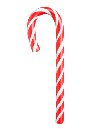 Classic glossy red and white christmas candy cane isolated on white backgroundの写真素材