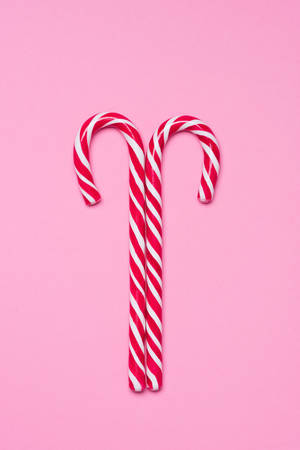 Two traditional shiny striped candy canes on pink background flatlayの写真素材