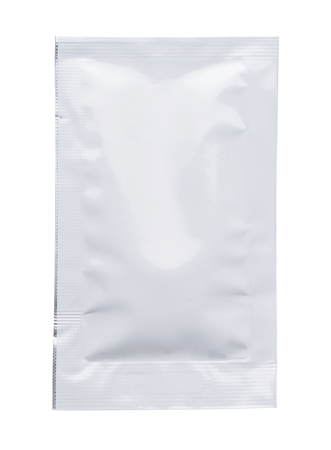 Clean white blank closed foil sachet with pre cut tear mark isolated on white backgroundの写真素材