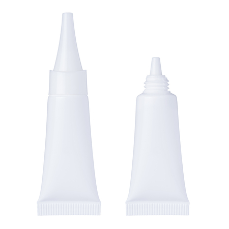 Clean new white plastic tube. Small cream paste or liquid container open and closed isolated on white background.の写真素材