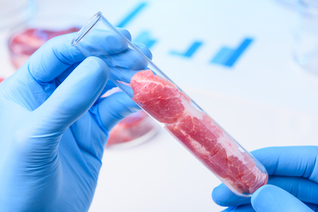 Meat in lab glass test tubeの写真素材