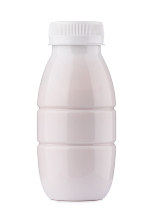 Small yogurt bottle, closed, blank and clean, isolated on white backgroundの写真素材