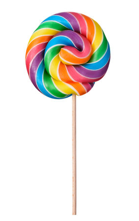 Lollipop swirl big candy on wooden stick rainbow colored isolated on white backgroundの写真素材