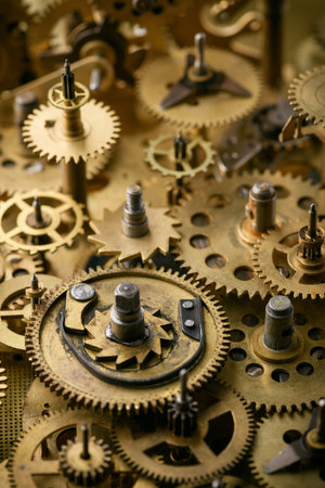 Gears and cogs in old retro mechanism macro closeup