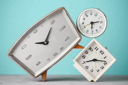 Retro alarm clocks stack time conceptの写真素材