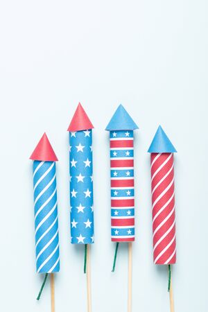 4th of July fireworks USA flag style rockets. Firecracker rockets 4 july United States Independence Day banner.の写真素材