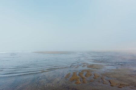 Ocean beach in dense fog during ebbの写真素材