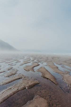 Sandy ocean beach in dense fog