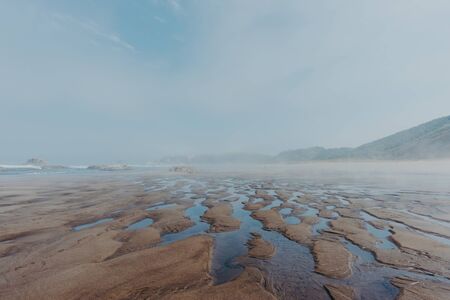 Beautiful foggy beach during ebbの写真素材