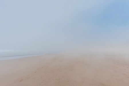 Empty wide sandy ocean beach in fog, soft pastel colorsの写真素材
