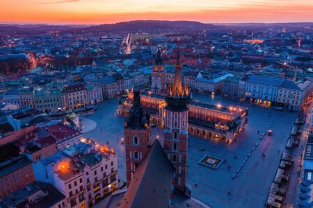 Krakow main square and st Mary basilica at dusk aerial drone viewの写真素材