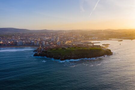 Gijon city center downtown and harbor aerial drone view. GijÃ³n or XixÃ³n is the biggest city in Asturias, Spain.の写真素材