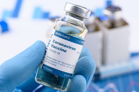 Coronavirus COVID-19 vaccine multi dose bottle research trial concept.の写真素材