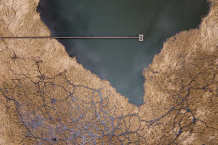 Lake used as industrial chemicals dump site with oil film on water and dead plants and rusty pipes, aerial drone view.の写真素材