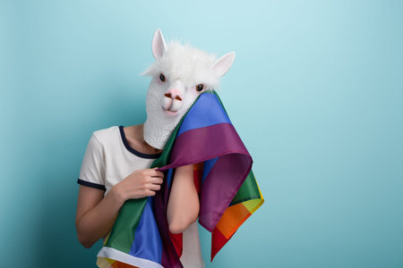 Young woman in alpaca mask hold and cute fondly rub rainbow lgbt pride flag, isolated on blue...