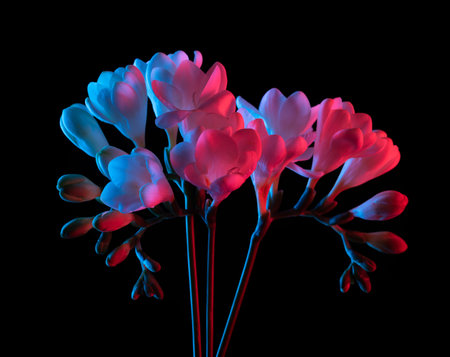 Bouquet of white freesia flowers blooming, pink and blue neon light. Isolated on black background.の写真素材