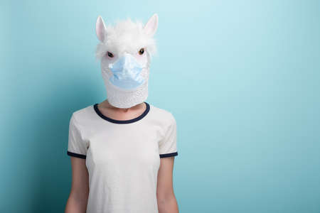 Young woman wearing alpaca and medical protection mask, isolated on blue background.の写真素材