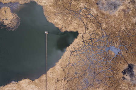 Lake used as industrial chemicals dump site with oil film on water and dead plants and rusty pipes, aerial drone view.の写真素材