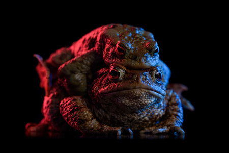 Two common toads spring mating, red and blue neon light, isolated on black background with reflection.の写真素材