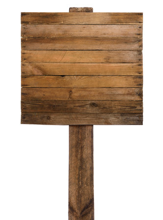 Vintage wooden signboard post notice board from old weathered wood planks with nails, isolated on white.の写真素材