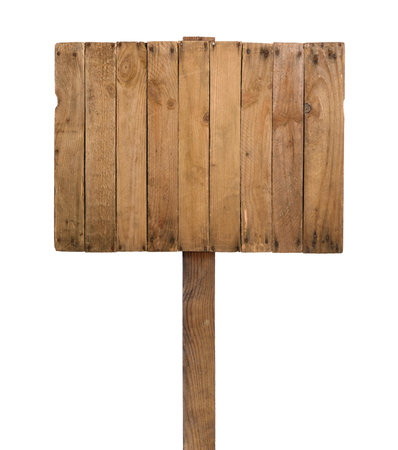 Wooden signboard sign post made from old planks, isolated on white.の写真素材