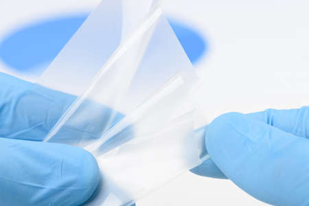 Scientist hold and bend flexible transparent thin film material in laboratory. Concept of research for material with new properties.の写真素材