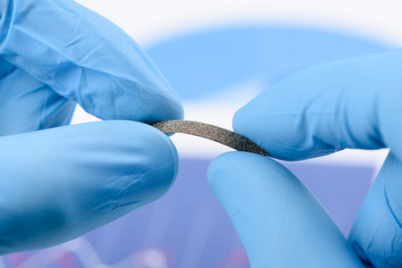 Gray cellular fiber material in scientist hands. Research for material or coating with new...