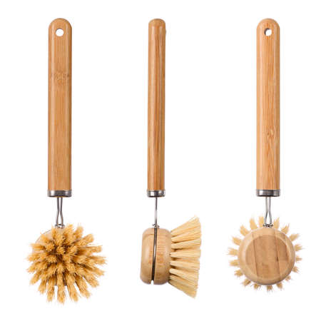 Cleaning brush with wooden bamboo handle, all sides view, isolated on white background.の写真素材