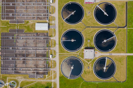 Sewage wastewater water purification treatment plant, aerial drone viewの写真素材