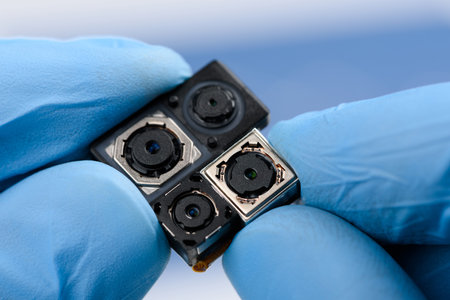 Smartphone camera modules in scientist hands. Different sensor sizes and technology used.