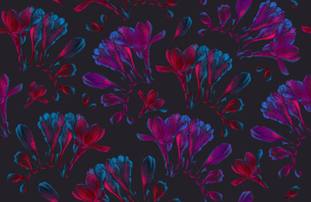 Blooming freesia flowers seamless pattern drawing, pink and blue neon colorsの写真素材