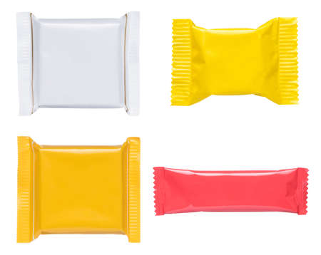 Blank plastic foil pouch food chocolate bar candy bag snack packaging mock-up set isolated on white backgroundの写真素材