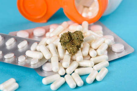 CBD cannabis flower bud on heap of capsules from open bottle and medical pills blisters on blue backgroundの写真素材