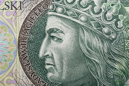 Macro of polish paper currency bill of 100 zloty pln, portrait of king Jogaila, Wladyslaw II...